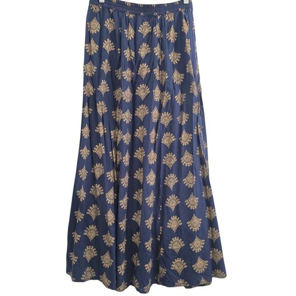 Women's Navy Blue Gold Metallic Geo Print Maxi Skirt A-Line Elegant Boho Resort - Picture 4 of 7